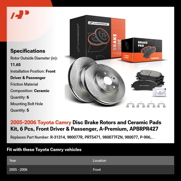 2005-2006 Toyota Camry Disc Brake Rotors and Ceramic Pads Kit, 6 Pcs, Front Driver & Passenger, A-Premium, APBRPR427