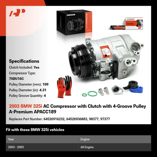 2003 BMW 325i AC Compressor with Clutch with 4-Groove Pulley A-Premium APACC189