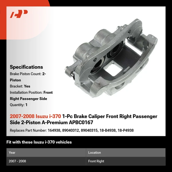 2007-2008 Isuzu i-370 1-Pc Brake Caliper Front Right Passenger Side 2-Piston A-Premium APBC0167