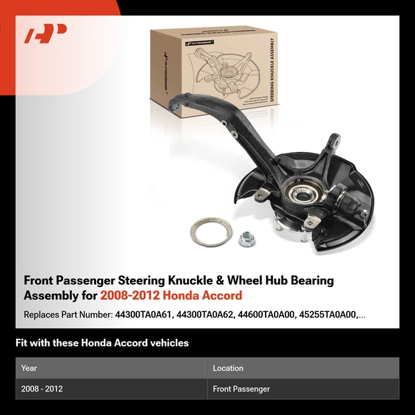 Front Passenger Steering Knuckle & Wheel Hub Bearing Assembly for 2008-2012 Honda Accord