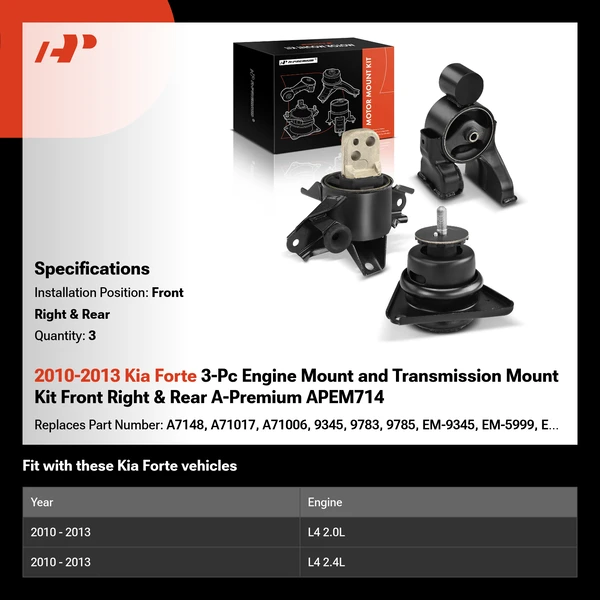2010-2013 Kia Forte 3-Pc Engine Mount and Transmission Mount Kit Front Right & Rear A-Premium APEM714