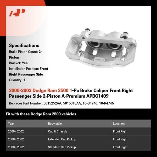 2000-2002 Dodge Ram 2500 1-Pc Brake Caliper Front Right Passenger Side 2-Piston A-Premium APBC1409