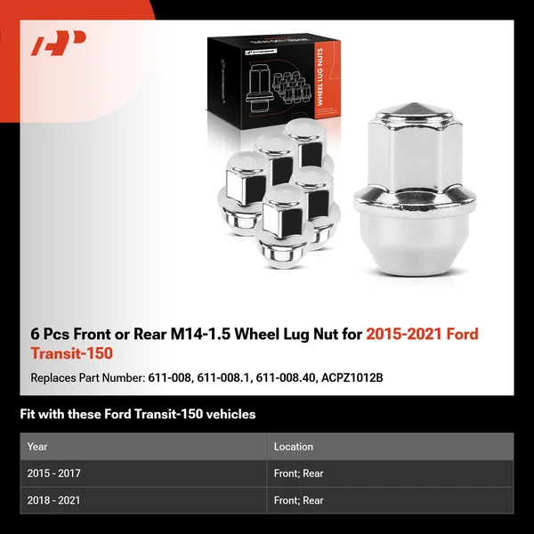 6 Pcs Front or Rear M14-1.5 Wheel Lug Nut for 2015-2021 Ford Transit-150