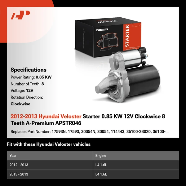 2012-2013 Hyundai Veloster Starter 0.85 KW 12V Clockwise 8 Teeth A-Premium APSTR046