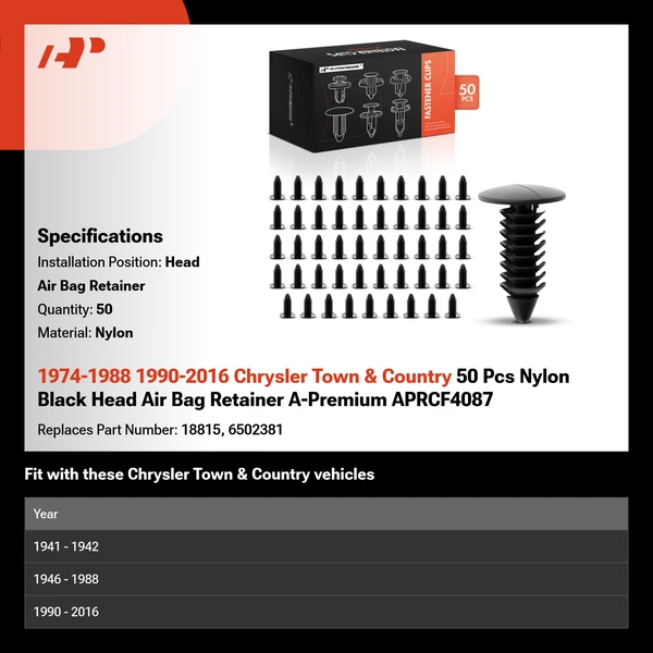 1974-1988 1990-2016 Chrysler Town & Country 50 Pcs Nylon Black Head Air Bag Retainer A-Premium APRCF4087