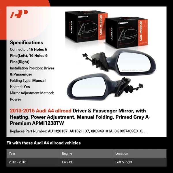 2013-2016 Audi A4 allroad Driver & Passenger Mirror, with Heating, Power Adjustment, Manual Folding, Primed Gray A-Premium APMI1238TW