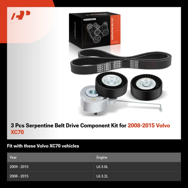 3 Pcs Serpentine Belt Drive Component Kit for 2008-2015 Volvo XC70