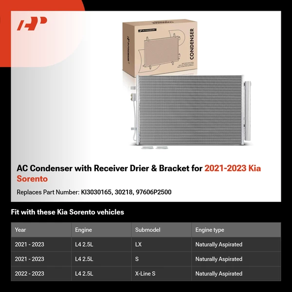 AC Condenser with Receiver Drier & Bracket for 2021-2023 Kia Sorento
