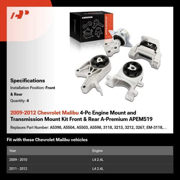 2009-2012 Chevrolet Malibu 4-Pc Engine Mount and Transmission Mount Kit Front & Rear A-Premium APEM519