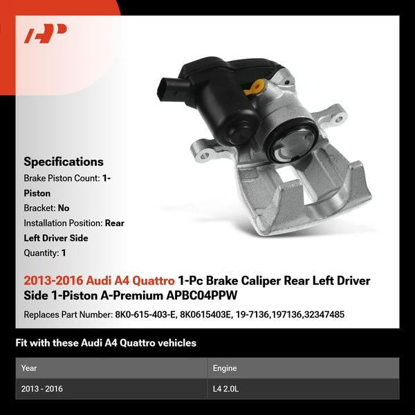 2013-2016 Audi A4 Quattro 1-Pc Brake Caliper Rear Left Driver Side 1-Piston A-Premium APBC04PPW