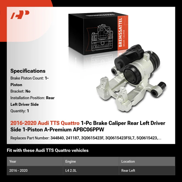2016-2020 Audi TTS Quattro 1-Pc Brake Caliper Rear Left Driver Side 1-Piston A-Premium APBC06PPW