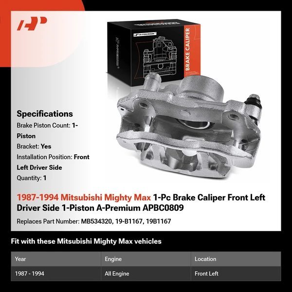 1987-1994 Mitsubishi Mighty Max 1-Pc Brake Caliper Front Left Driver Side 1-Piston A-Premium APBC0809