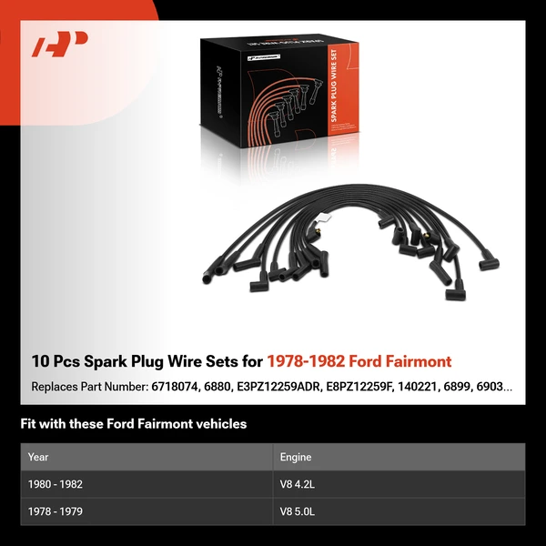 10 Pcs Spark Plug Wire Sets for 1978-1982 Ford Fairmont