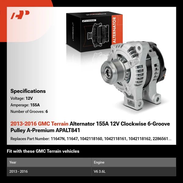 2013-2016 GMC Terrain Alternator 155A 12V Clockwise 6-Groove Pulley A-Premium APALT841