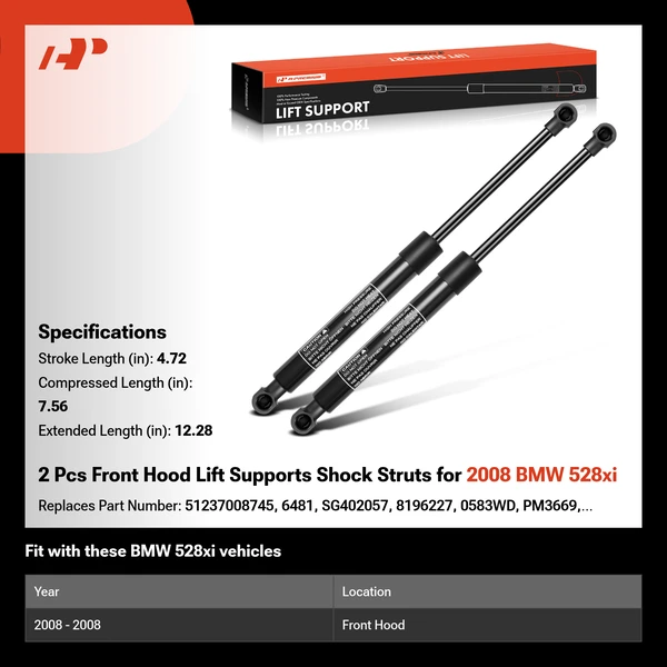 2 Pcs Front Hood Lift Supports Shock Struts for 2008 BMW 528xi