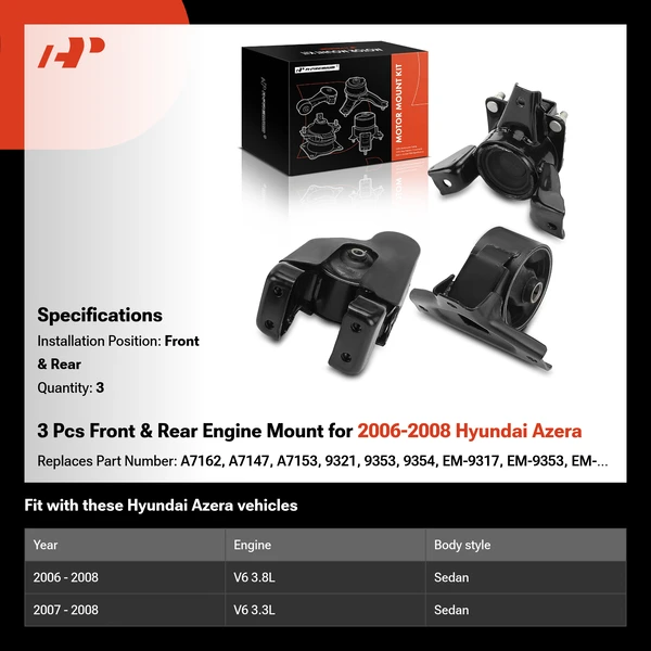 3 Pcs Front & Rear Engine Mount for 2006-2008 Hyundai Azera