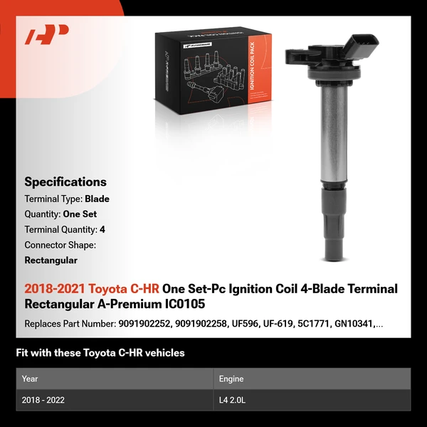 2018-2021 Toyota C-HR One Set-Pc Ignition Coil 4-Blade Terminal Rectangular A-Premium IC0105