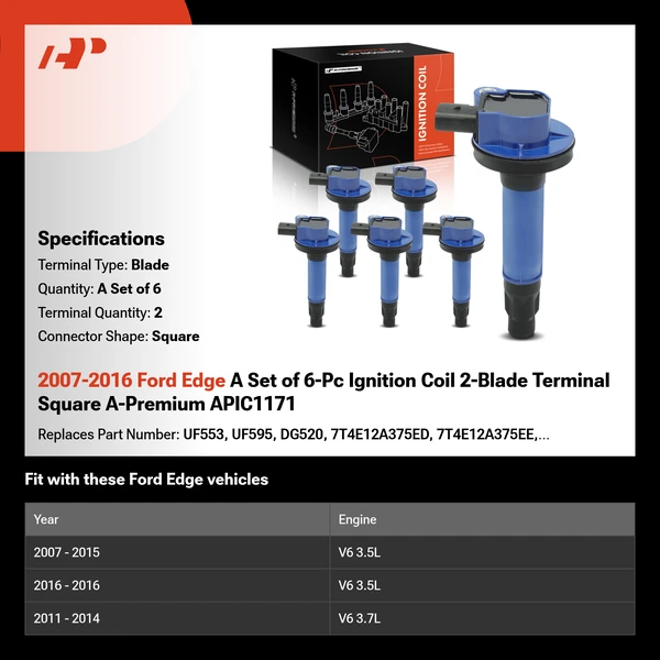 2007-2016 Ford Edge A Set of 6-Pc Ignition Coil 2-Blade Terminal Square A-Premium APIC1171