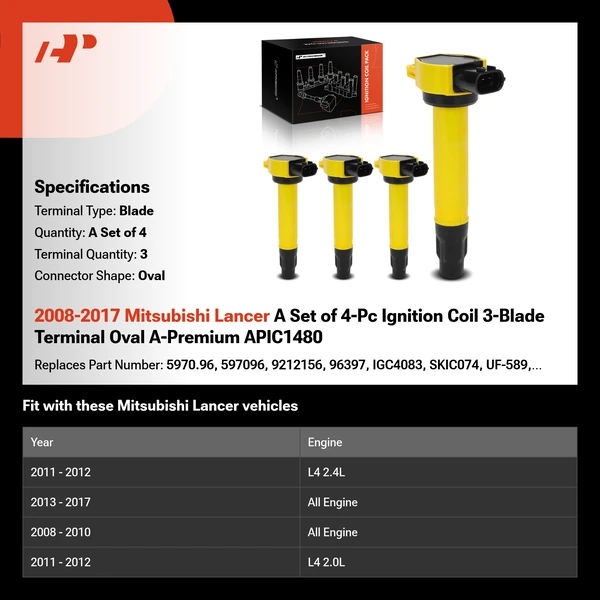 2008-2017 Mitsubishi Lancer A Set of 4-Pc Ignition Coil 3-Blade Terminal Oval A-Premium APIC1480