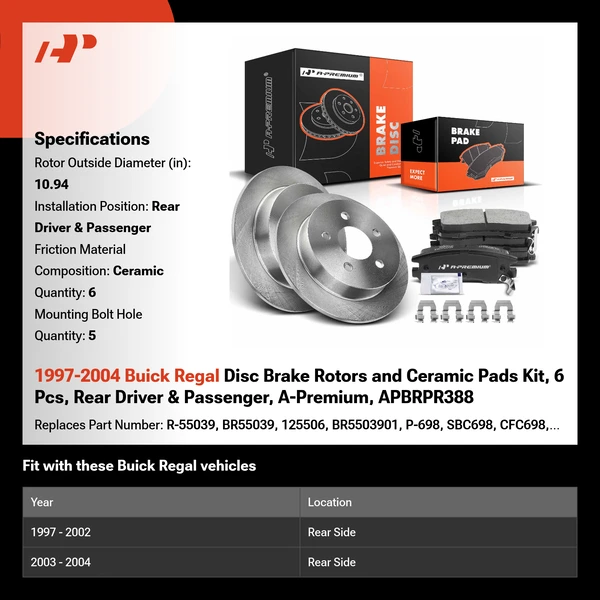 1997-2004 Buick Regal Disc Brake Rotors and Ceramic Pads Kit, 6 Pcs, Rear Driver & Passenger, A-Premium, APBRPR388