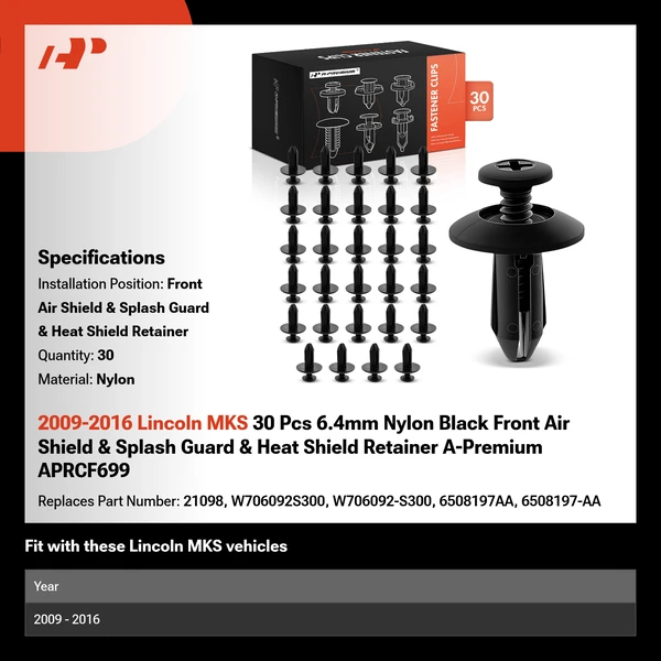 2009-2016 Lincoln MKS 30 Pcs 6.4mm Nylon Black Front Air Shield & Splash Guard & Heat Shield Retainer A-Premium APRCF699