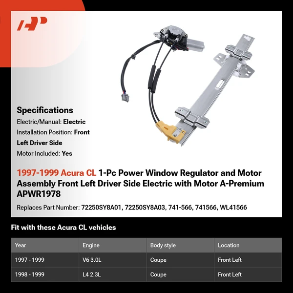 1997-1999 Acura CL 1-Pc Power Window Regulator and Motor Assembly Front Left Driver Side Electric with Motor A-Premium APWR1978