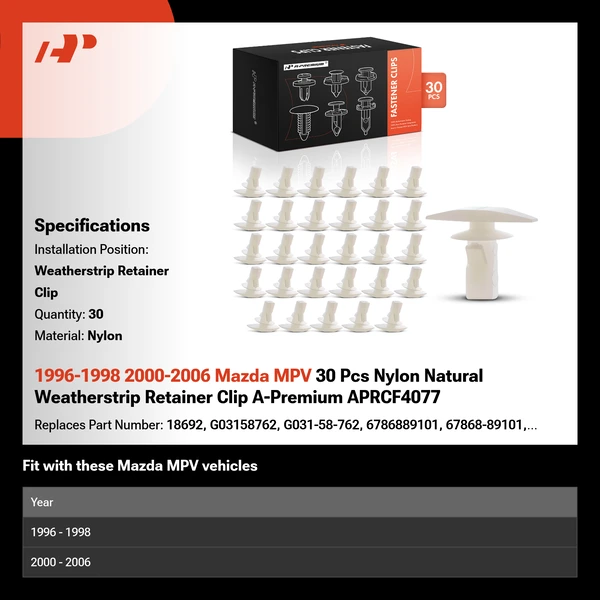 1996-1998 2000-2006 Mazda MPV 30 Pcs Nylon Natural Weatherstrip Retainer Clip A-Premium APRCF4077