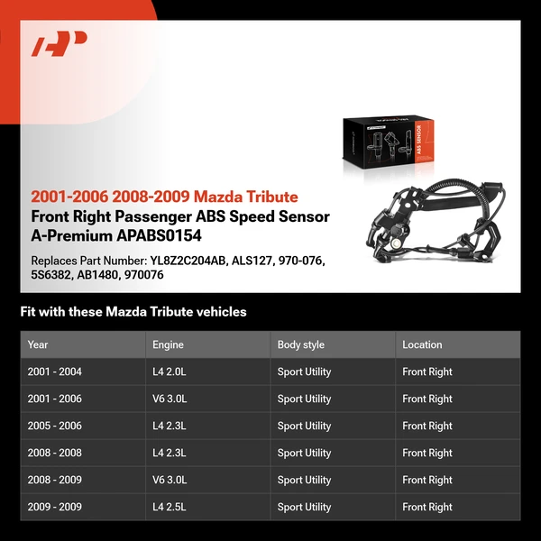 2001-2006 2008-2009 Mazda Tribute Front Right Passenger ABS Speed Sensor A-Premium APABS0154