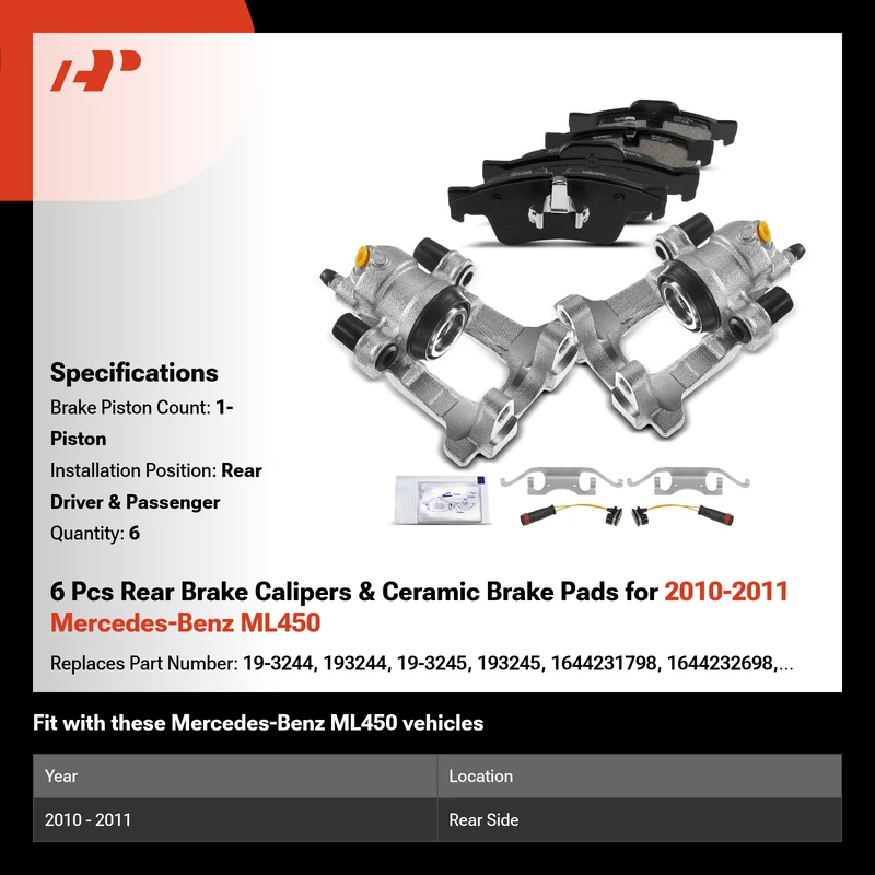 6 Pcs Rear Brake Calipers & Ceramic Brake Pads for 2010-2011 Mercedes-Benz ML450