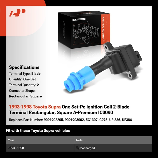 1993-1998 Toyota Supra One Set-Pc Ignition Coil 2-Blade Terminal Rectangular, Square A-Premium IC0090