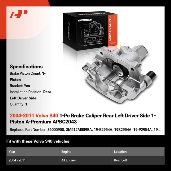 2004-2011 Volvo S40 1-Pc Brake Caliper Rear Left Driver Side 1-Piston A-Premium APBC2043