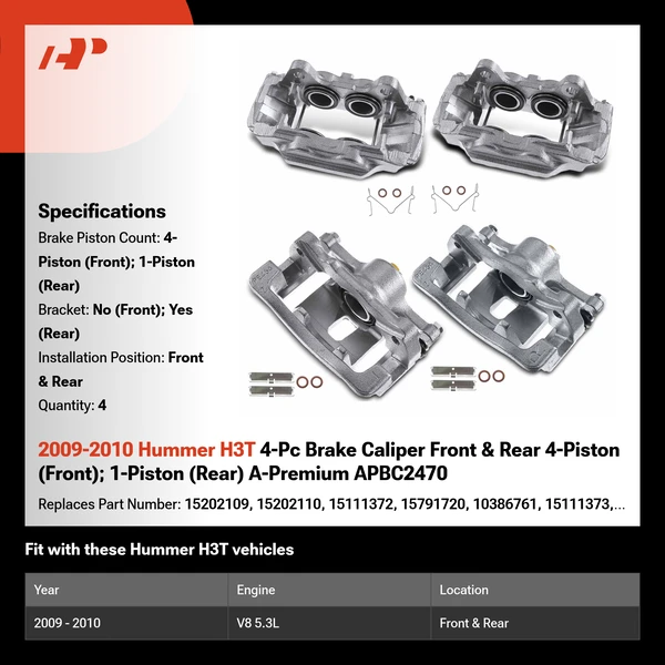 2009-2010 Hummer H3T 4-Pc Brake Caliper Front & Rear 4-Piston (Front); 1-Piston (Rear) A-Premium APBC2470