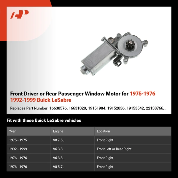 Front Driver or Rear Passenger Window Motor for 1975-1976 1992-1999 Buick LeSabre
