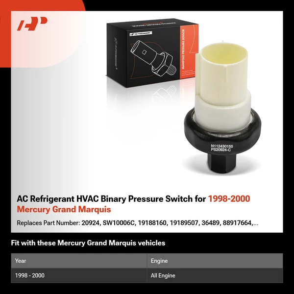 AC Refrigerant HVAC Binary Pressure Switch for 1998-2000 Mercury Grand Marquis