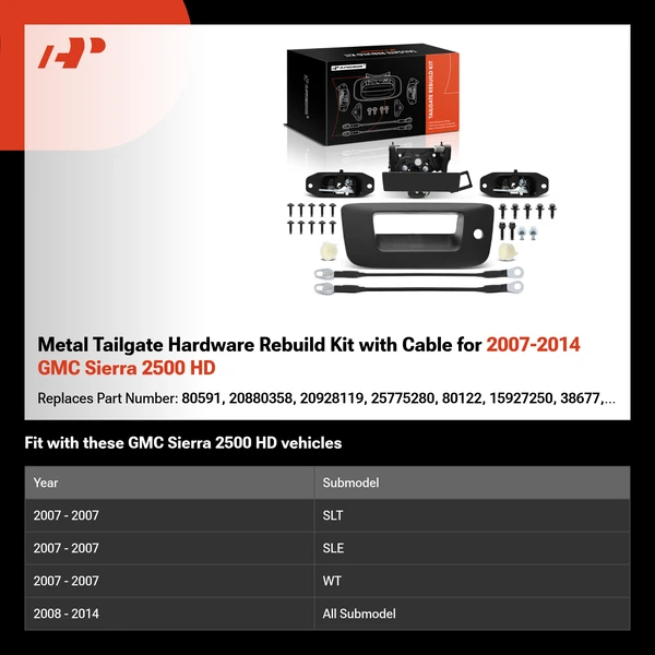 Metal Tailgate Hardware Rebuild Kit with Cable for 2007-2014 GMC Sierra 2500 HD