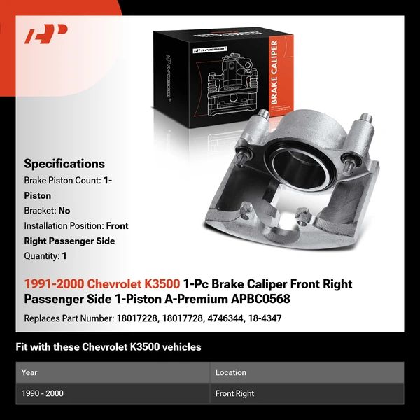 1991-2000 Chevrolet K3500 1-Pc Brake Caliper Front Right Passenger Side 1-Piston A-Premium APBC0568