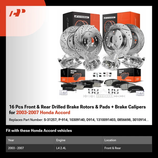 16 Pcs Front & Rear Drilled Brake Rotors & Pads + Brake Calipers for 2003-2007 Honda Accord