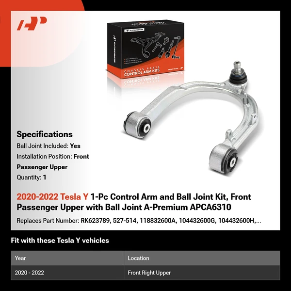 2020-2022 Tesla Y 1-Pc Control Arm and Ball Joint Kit, Front Passenger Upper with Ball Joint A-Premium APCA6310
