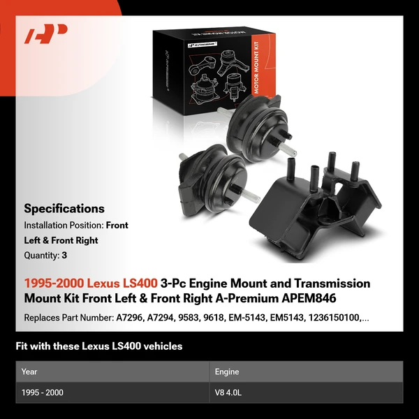 1995-2000 Lexus LS400 3-Pc Engine Mount and Transmission Mount Kit Front Left & Front Right A-Premium APEM846