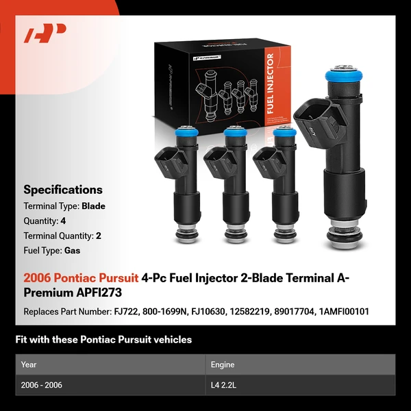 2006 Pontiac Pursuit 4-Pc Fuel Injector 2-Blade Terminal A-Premium APFI273