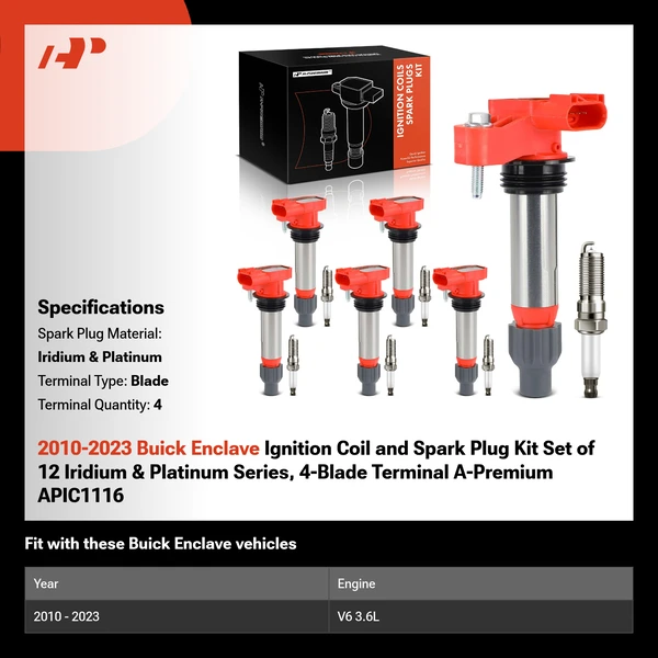 2010-2023 Buick Enclave Ignition Coil and Spark Plug Kit Set of 12 Iridium & Platinum Series, 4-Blade Terminal A-Premium APIC1116