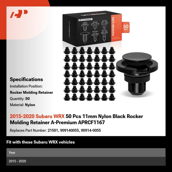 2015-2020 Subaru WRX 50 Pcs 11mm Nylon Black Rocker Molding Retainer A-Premium APRCF1167
