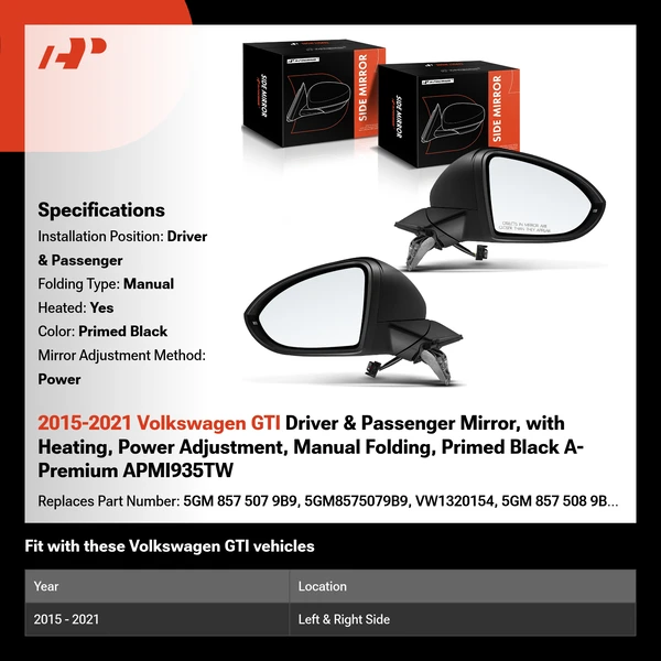 2015-2021 Volkswagen GTI Driver & Passenger Mirror, with Heating, Power Adjustment, Manual Folding, Primed Black A-Premium APMI935TW
