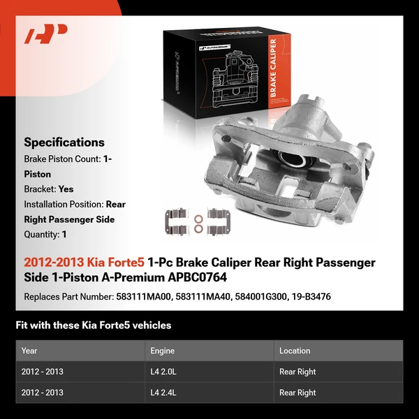 2012-2013 Kia Forte5 1-Pc Brake Caliper Rear Right Passenger Side 1-Piston A-Premium APBC0764