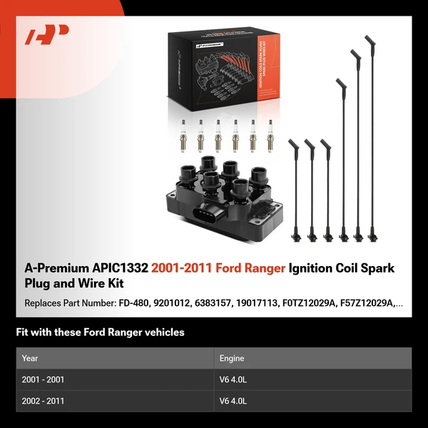 A-Premium APIC1332 2001-2011 Ford Ranger Ignition Coil Spark Plug and Wire Kit