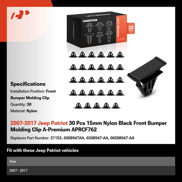 2007-2017 Jeep Patriot 30 Pcs 15mm Nylon Black Front Bumper Molding Clip A-Premium APRCF762