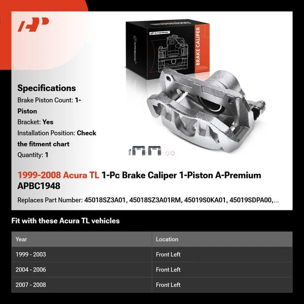 1999-2008 Acura TL 1-Pc Brake Caliper 1-Piston A-Premium APBC1948