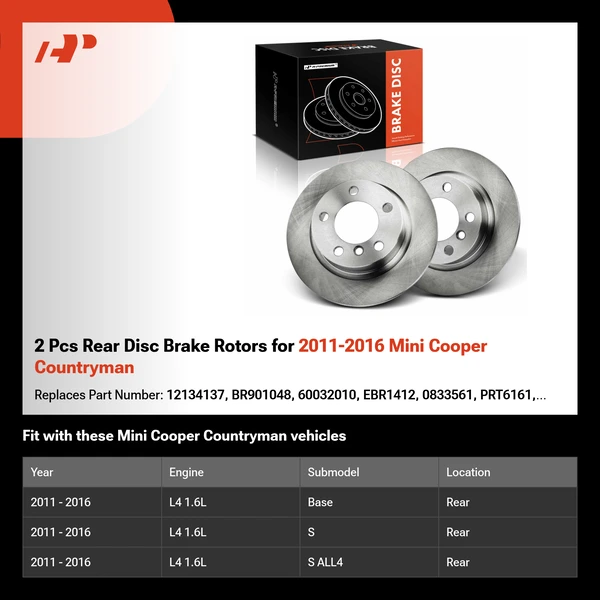2 Pcs Rear Disc Brake Rotors for 2011-2016 Mini Cooper Countryman