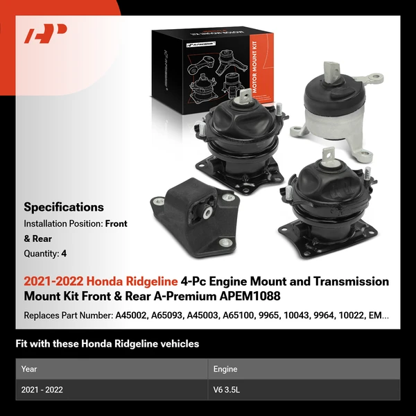 2021-2022 Honda Ridgeline 4-Pc Engine Mount and Transmission Mount Kit Front & Rear A-Premium APEM1088