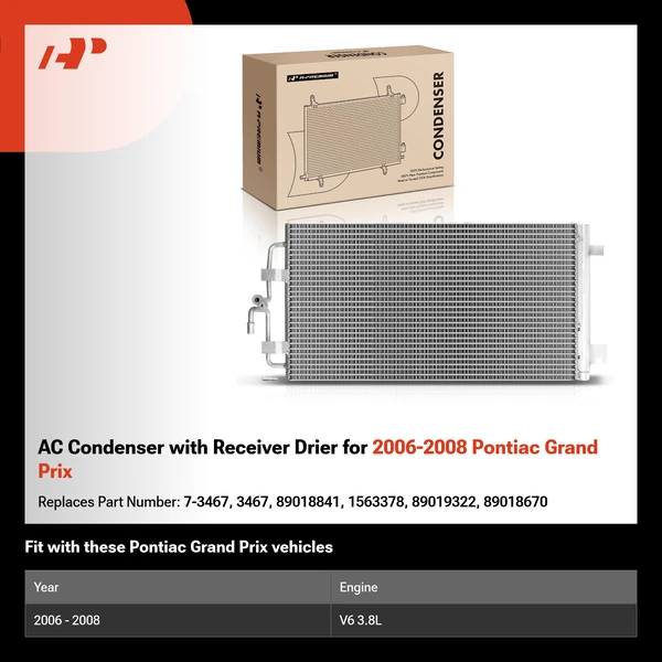 AC Condenser with Receiver Drier for 2006-2008 Pontiac Grand Prix